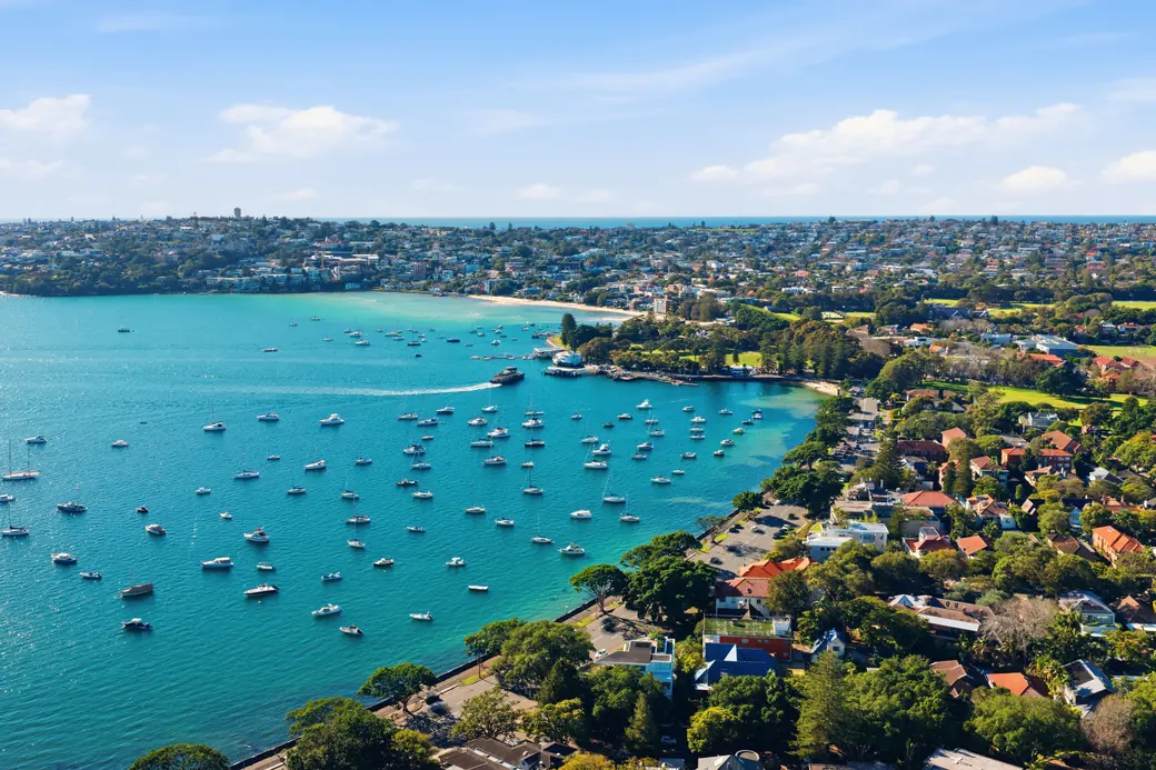 Rose Bay from the air, yachts moored off the harbourfront suburbs of eastern Sydney.