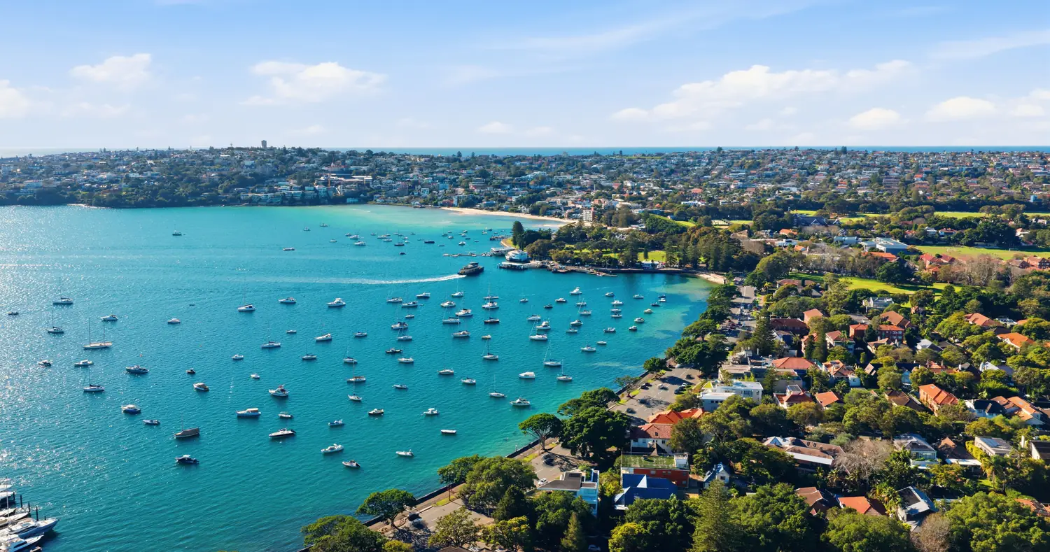 Rose Bay from the air, yachts moored off the harbourfront suburbs of eastern Sydney.